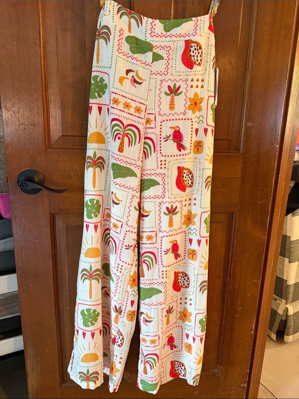 Wide Leg Printed Jumpsuit Pants in Cream with Tropical Motif